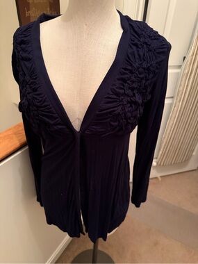 Kenar Navy Ruched V-Neck Long Sleeve Cardigan